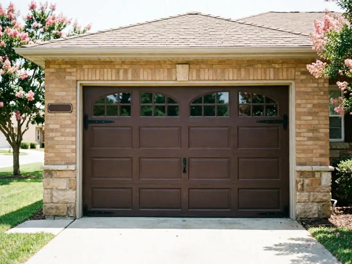 A brown garage door with windows is set in a brick and stone house.