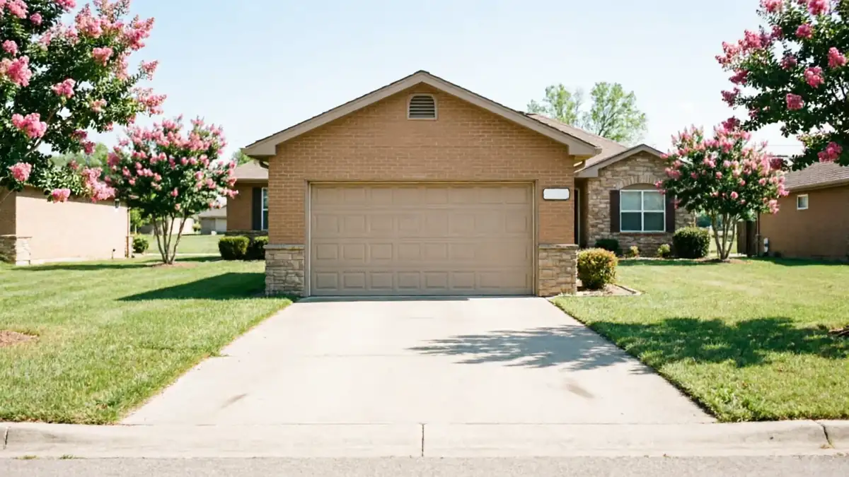 A light brown garage door is centered on a brick house with stone accents.