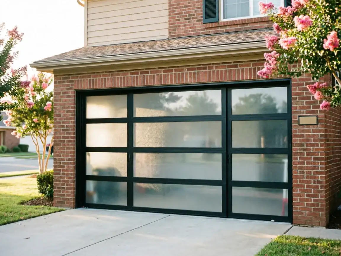 A modern black garage door with frosted glass panels on a brick house.