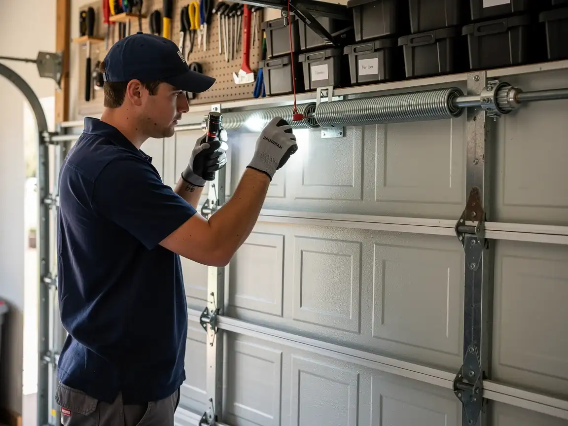 A technician shines a flashlight on a garage door torsion spring.