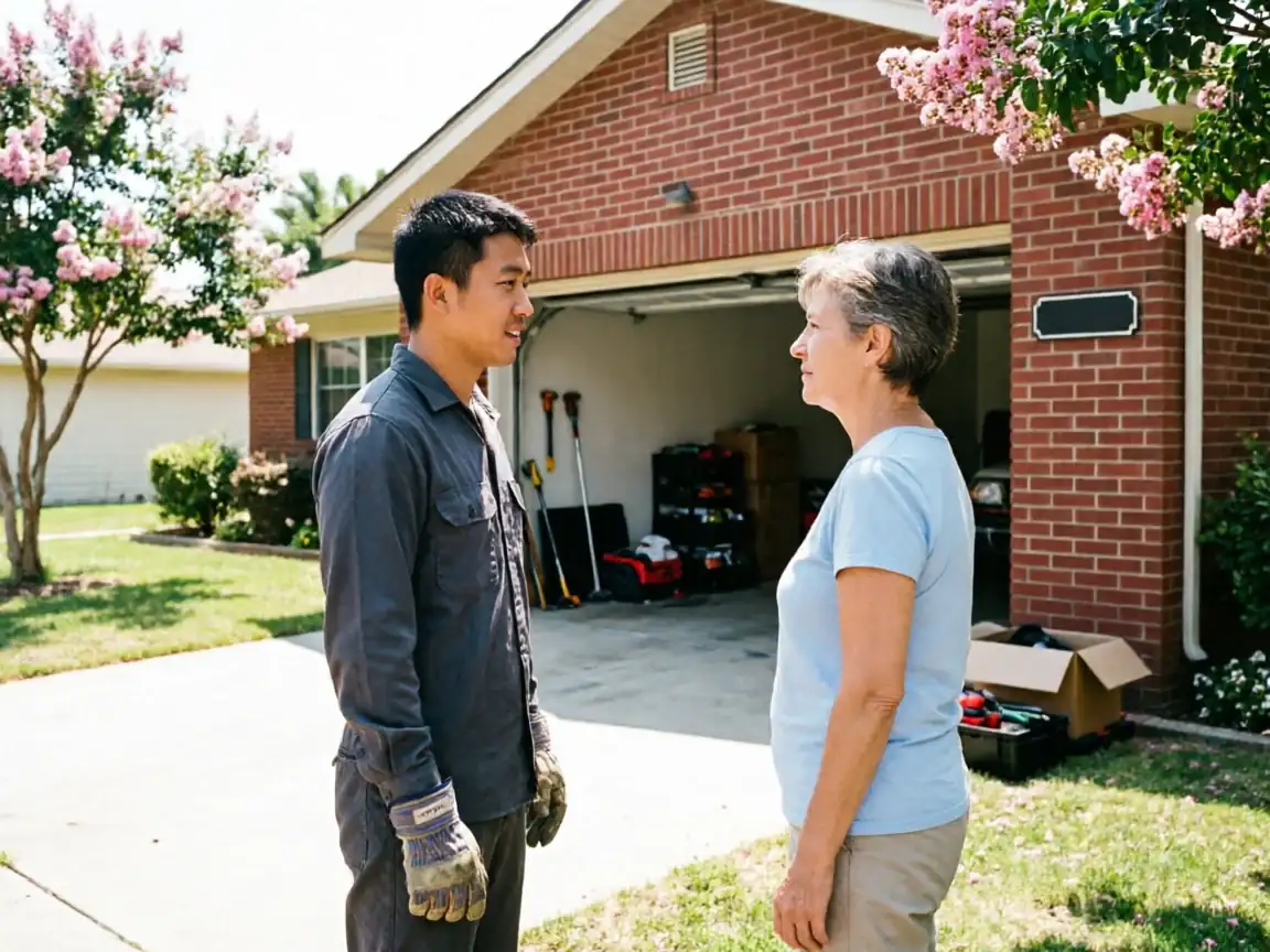 A technician and a woman stand talking in front of a brick house with an open garage.