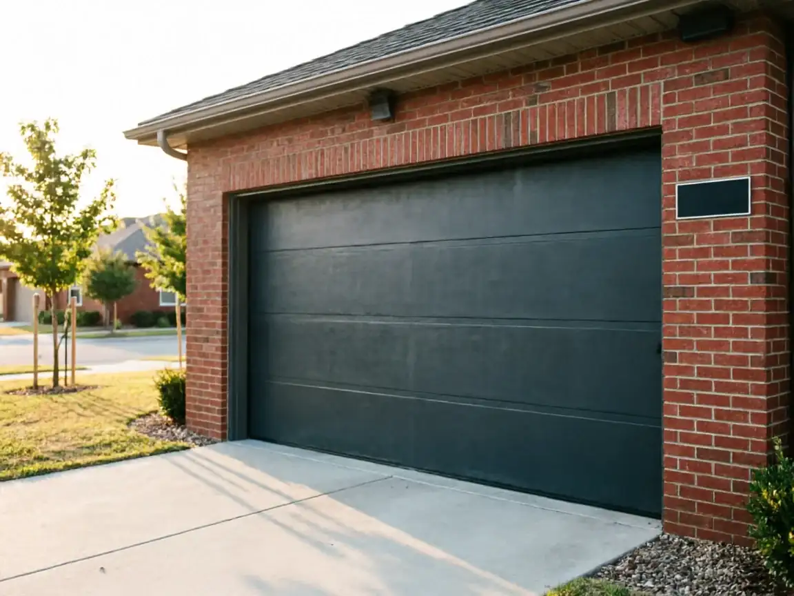The dark gray garage door is set in a red brick house.