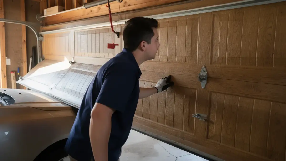 A technician in a blue shirt inspects a light brown garage door.