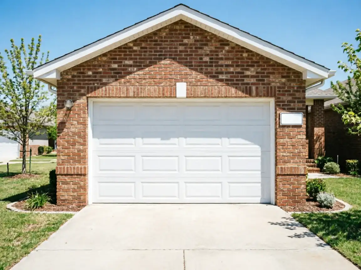 The house has a white garage door, a brick facade, and a concrete driveway.